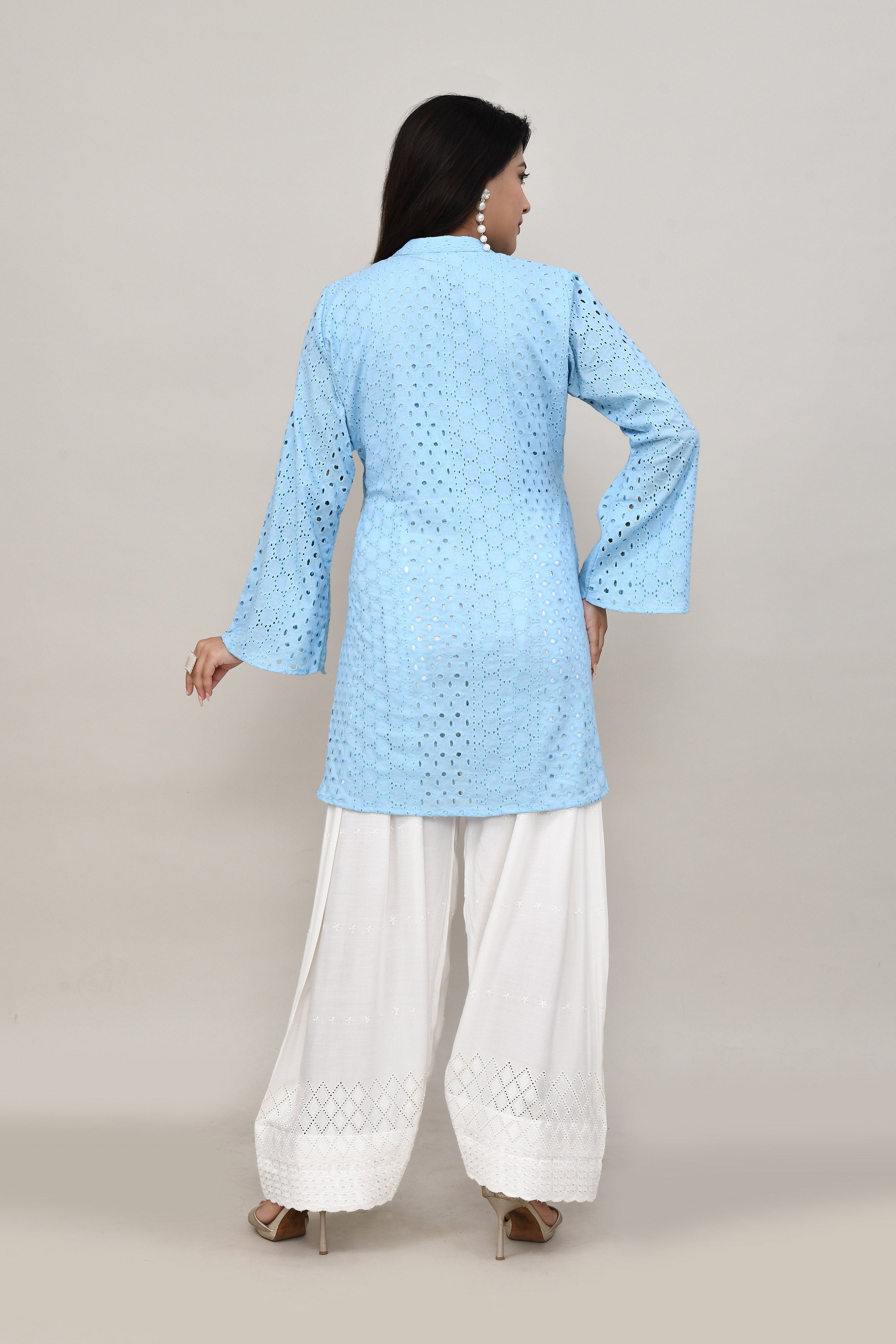 Serene Powder blue hakoba flared sleeves mid thigh length straight kurta with off white farshi salwar with cut work embroidery