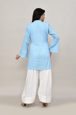 Serene Powder blue hakoba flared sleeves mid thigh length straight kurta with off white farshi salwar with cut work embroidery