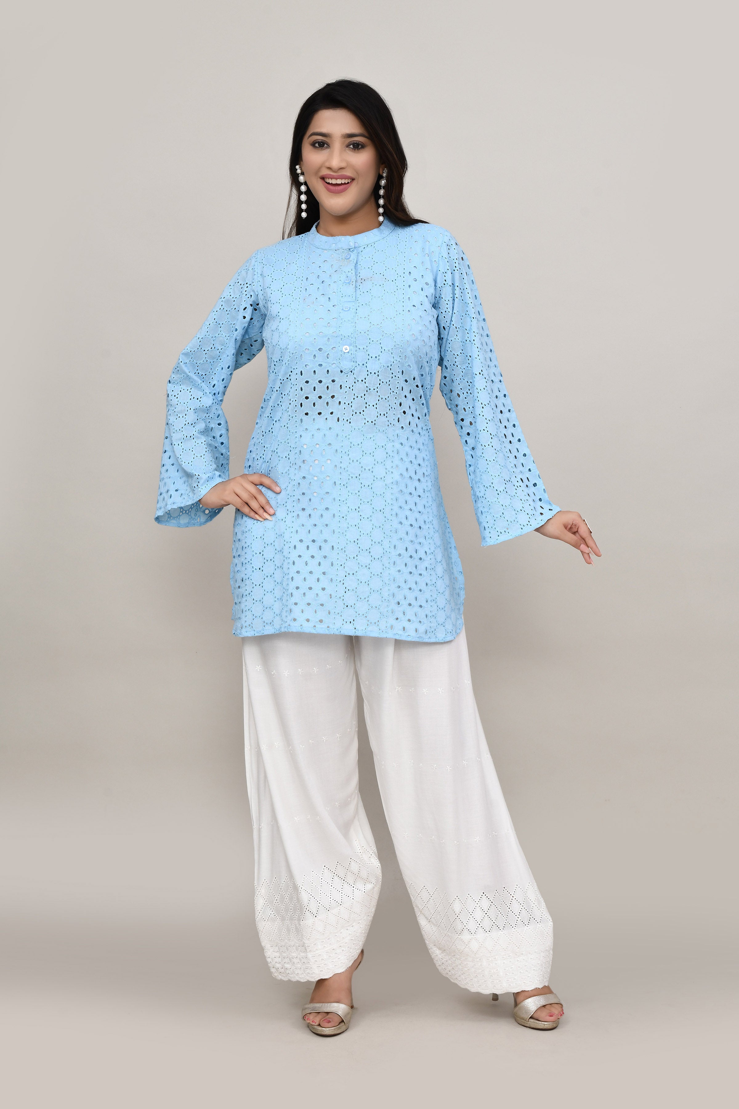 Serene Powder blue hakoba flared sleeves mid thigh length straight kurta with off white farshi salwar with cut work embroidery