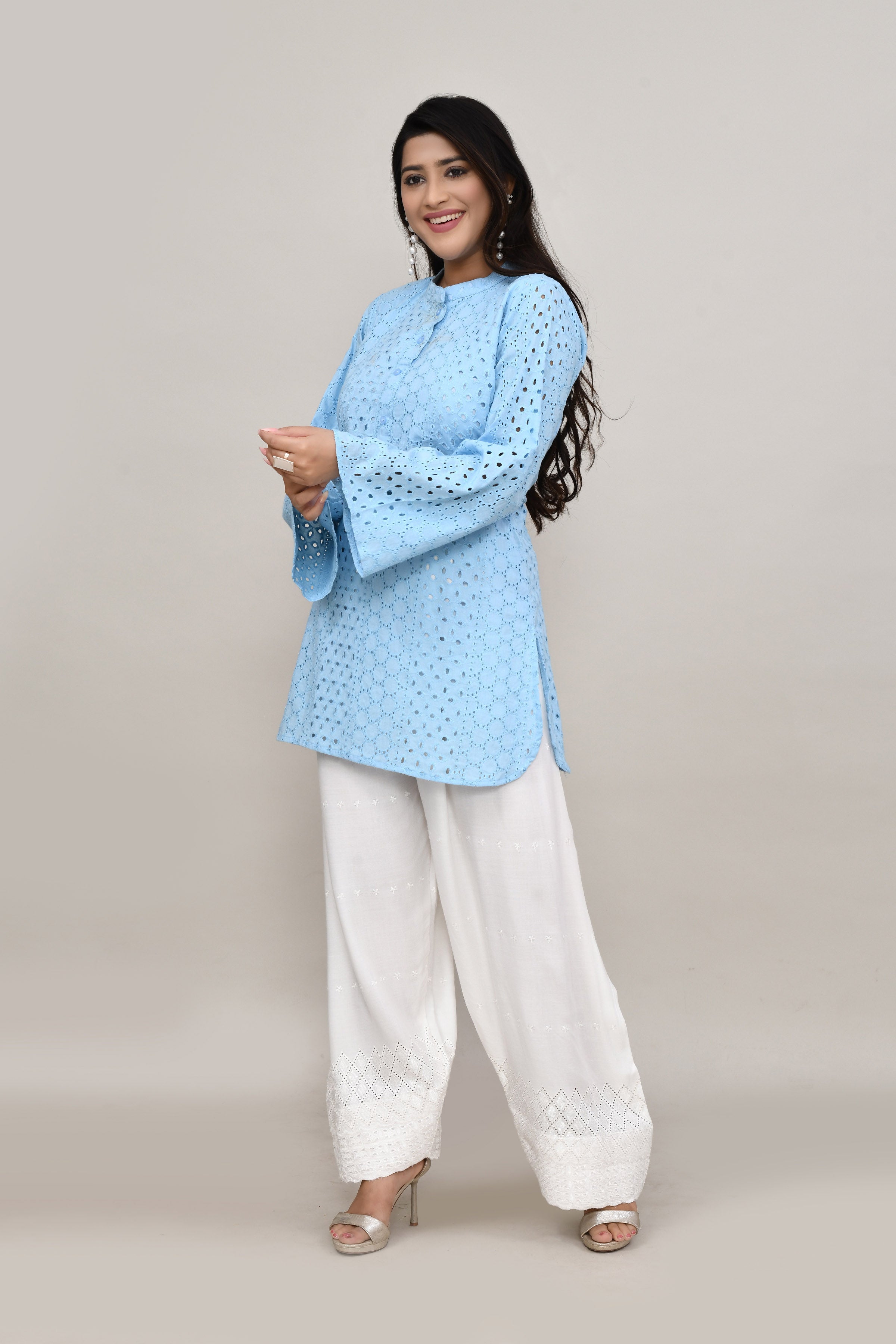 Serene Powder blue hakoba flared sleeves mid thigh length straight kurta with off white farshi salwar with cut work embroidery