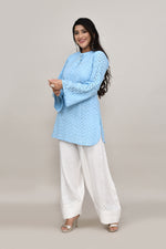 Serene Powder blue hakoba flared sleeves mid thigh length straight kurta with off white farshi salwar with cut work embroidery