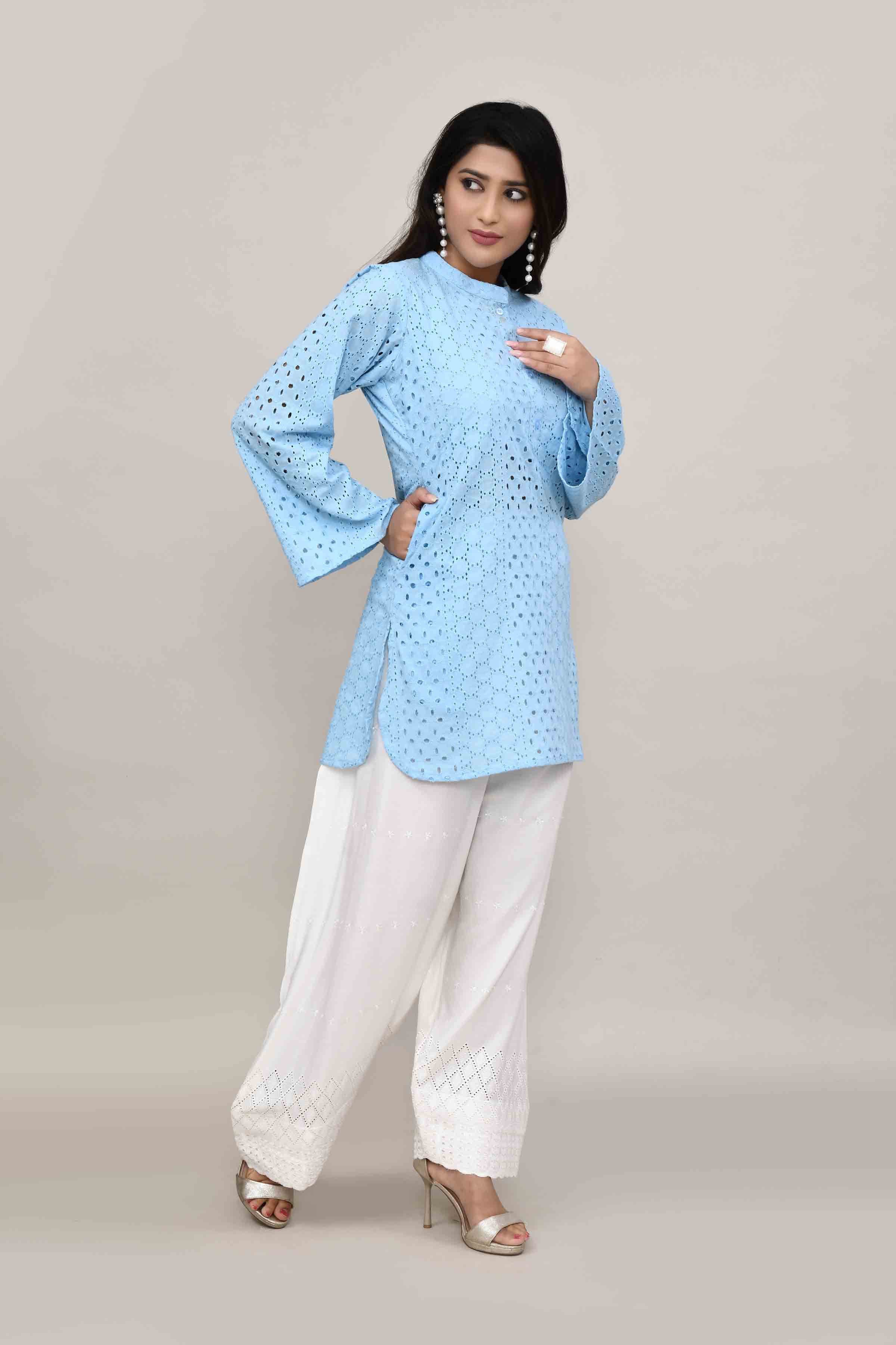 Serene Powder blue hakoba flared sleeves mid thigh length straight kurta with off white farshi salwar with cut work embroidery