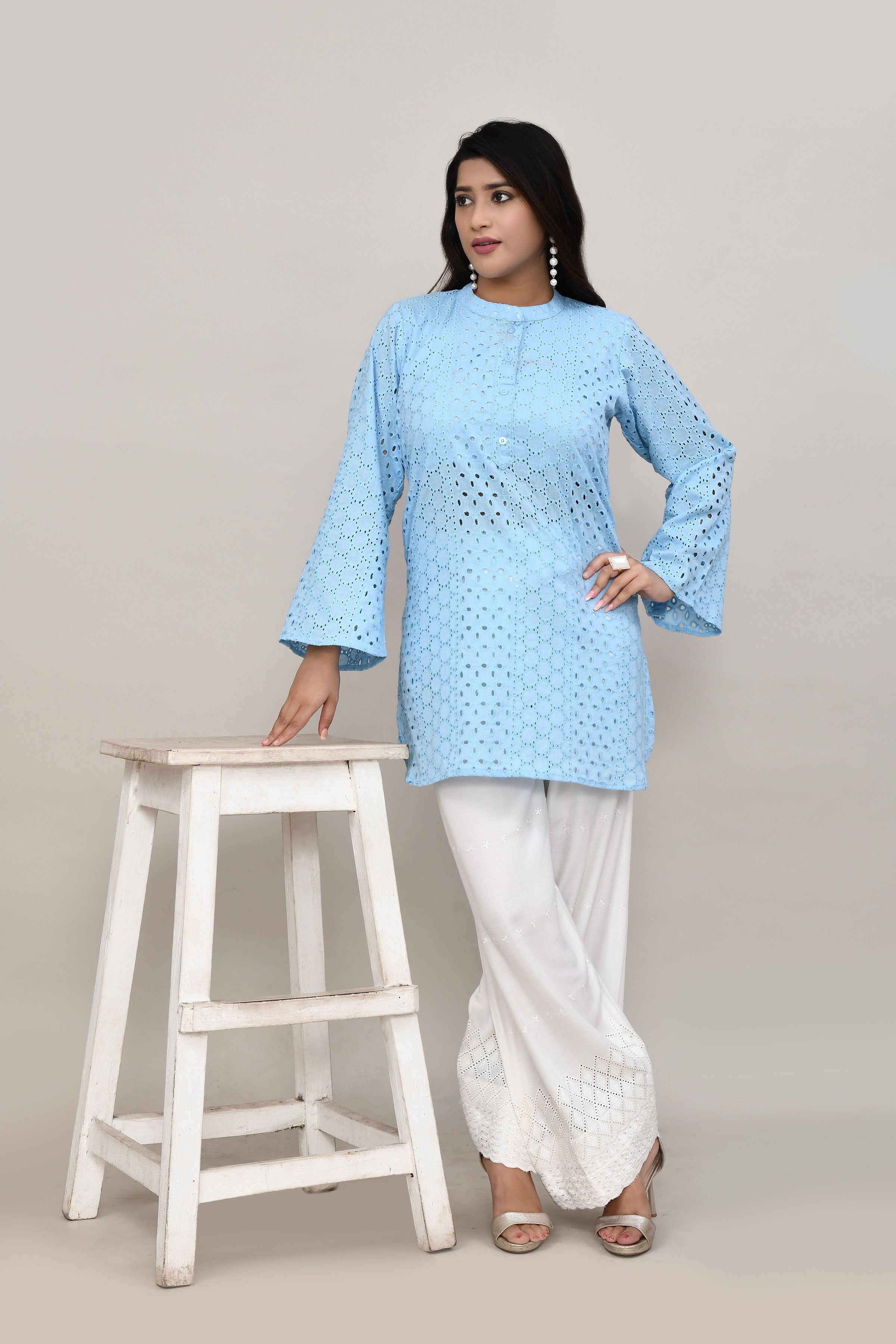 Serene Powder blue hakoba flared sleeves mid thigh length straight kurta with off white farshi salwar with cut work embroidery