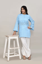 Serene Powder blue hakoba flared sleeves mid thigh length straight kurta with off white farshi salwar with cut work embroidery