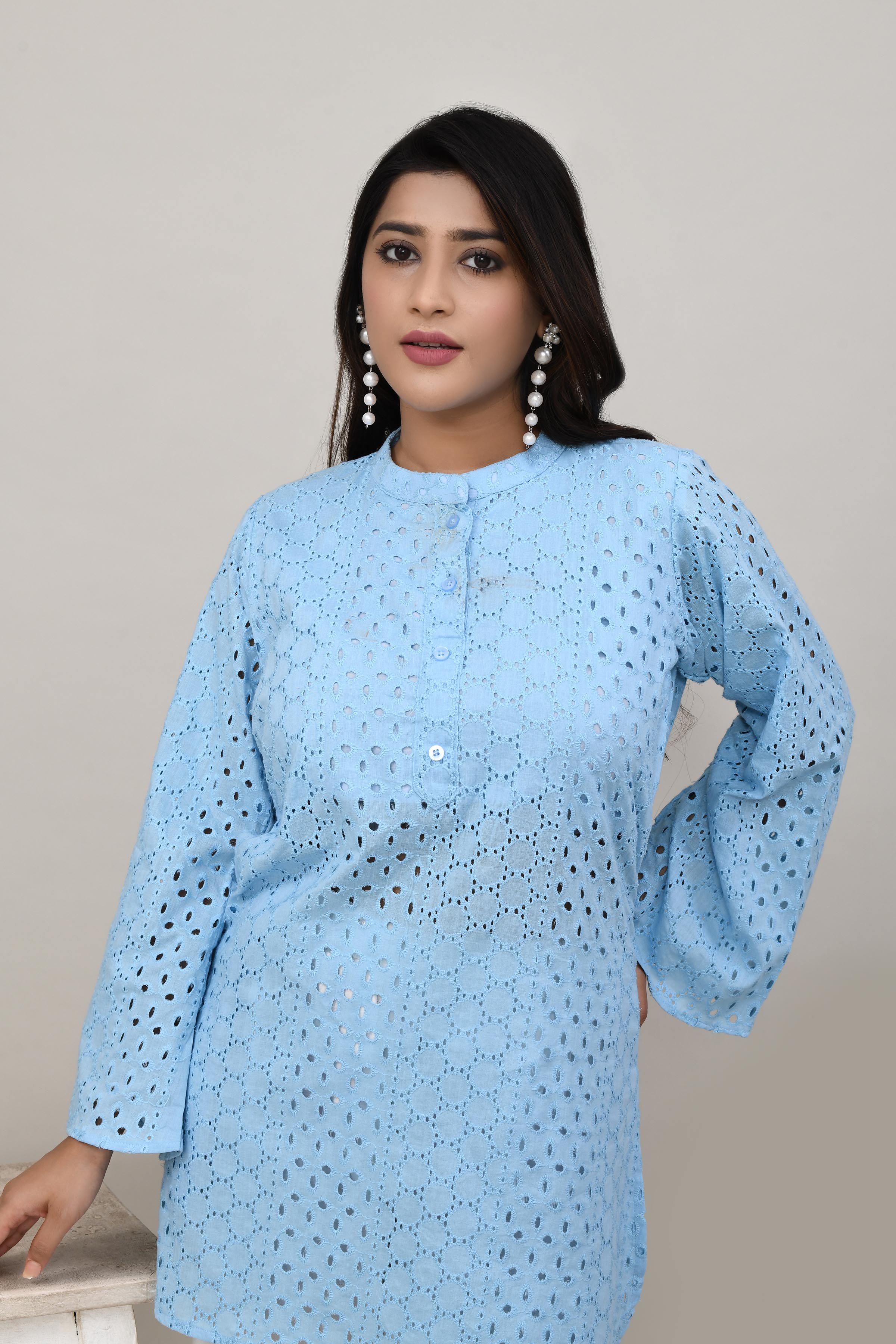 Serene Powder blue hakoba flared sleeves mid thigh length straight kurta with off white farshi salwar with cut work embroidery