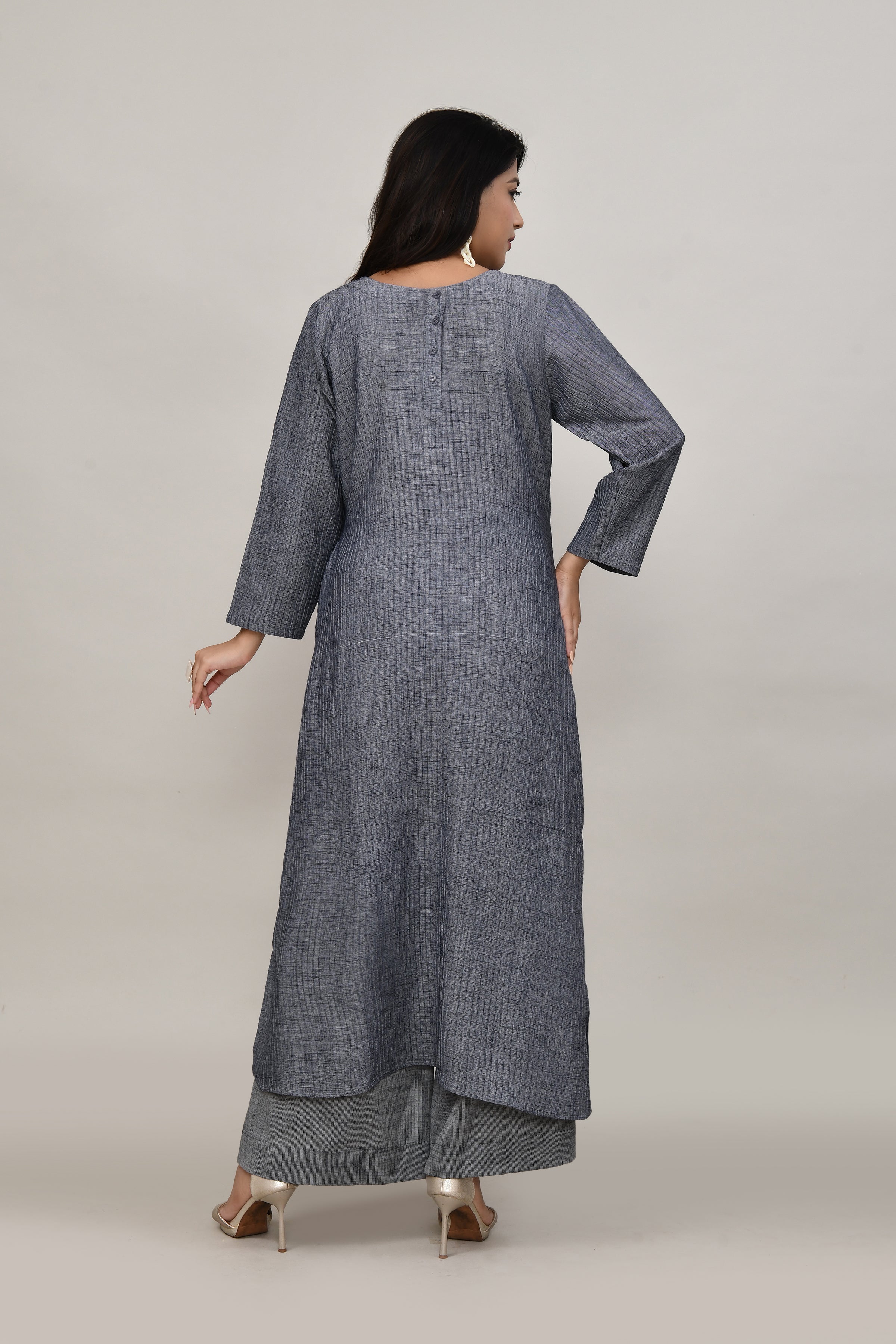 Sleek Metallic grey pintex cotton rounded long straight kurta with matching trousers