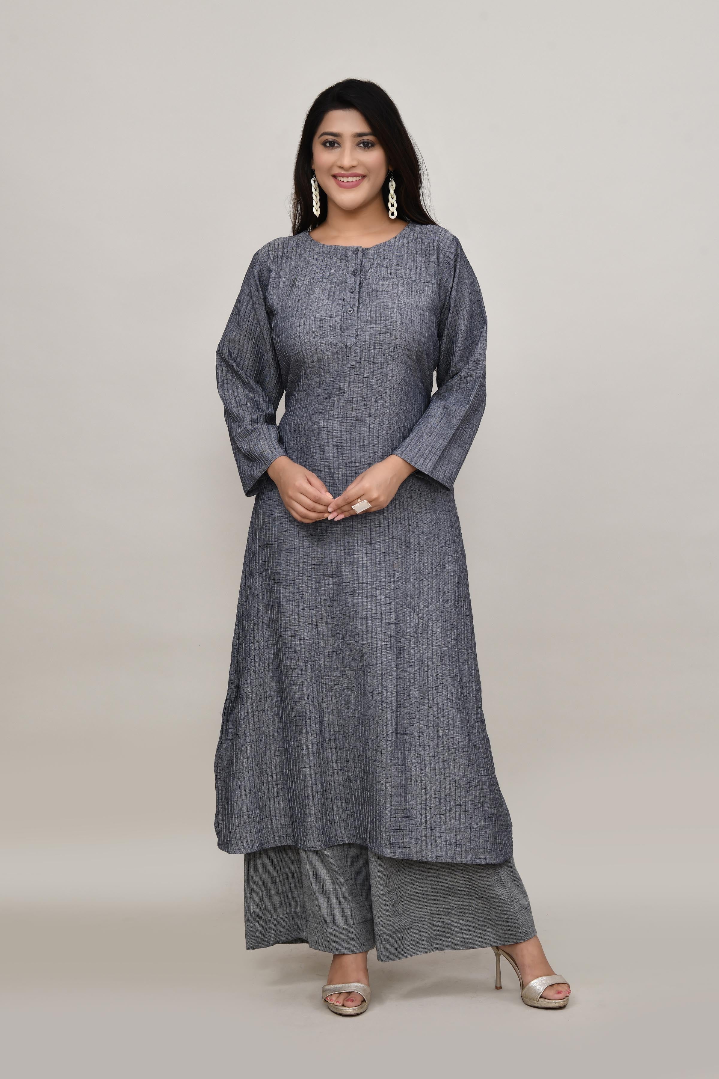 Sleek Metallic grey pintex cotton rounded long straight kurta with matching trousers