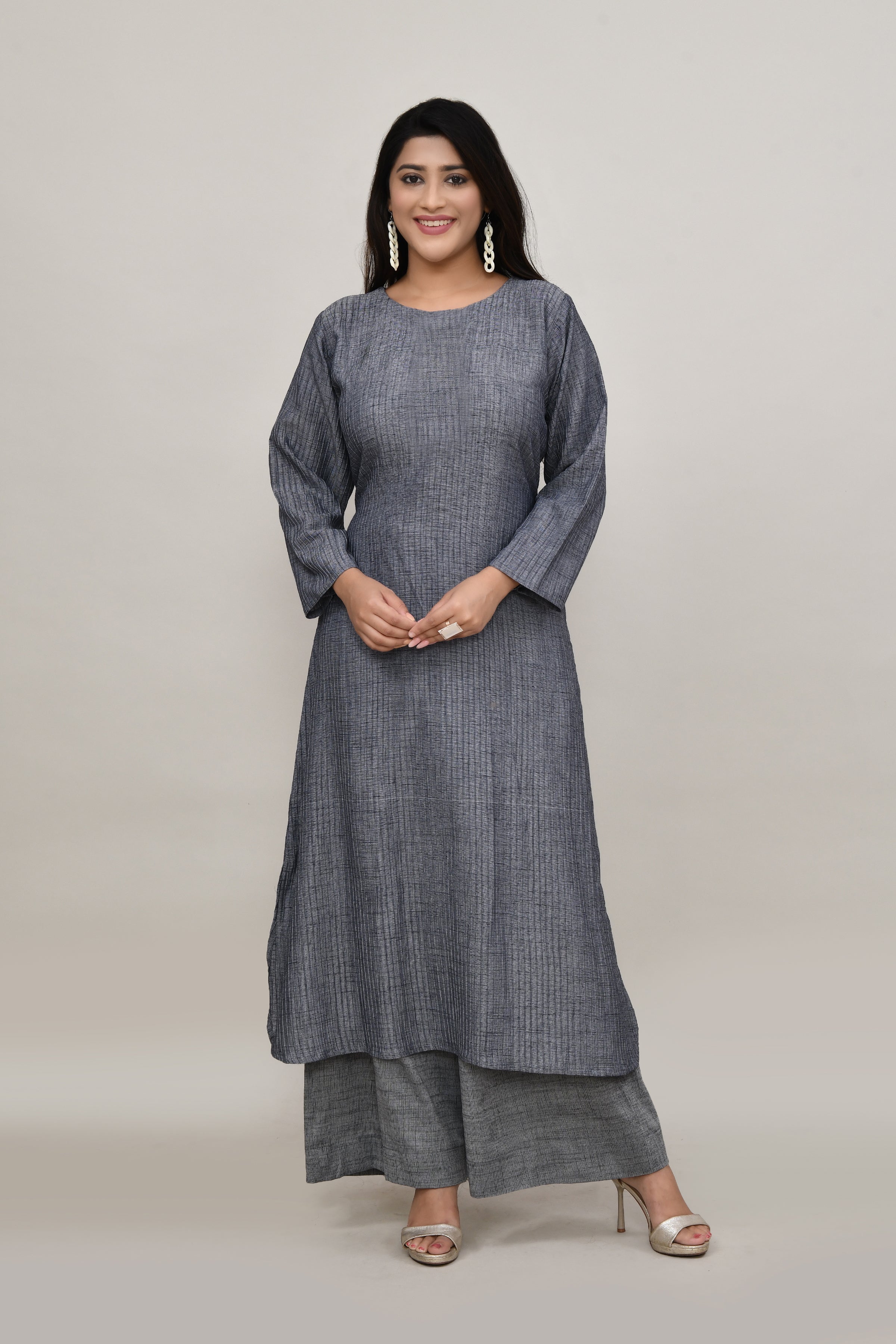 Sleek Metallic grey pintex cotton rounded long straight kurta with matching trousers