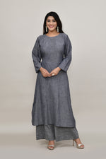 Sleek Metallic grey pintex cotton rounded long straight kurta with matching trousers