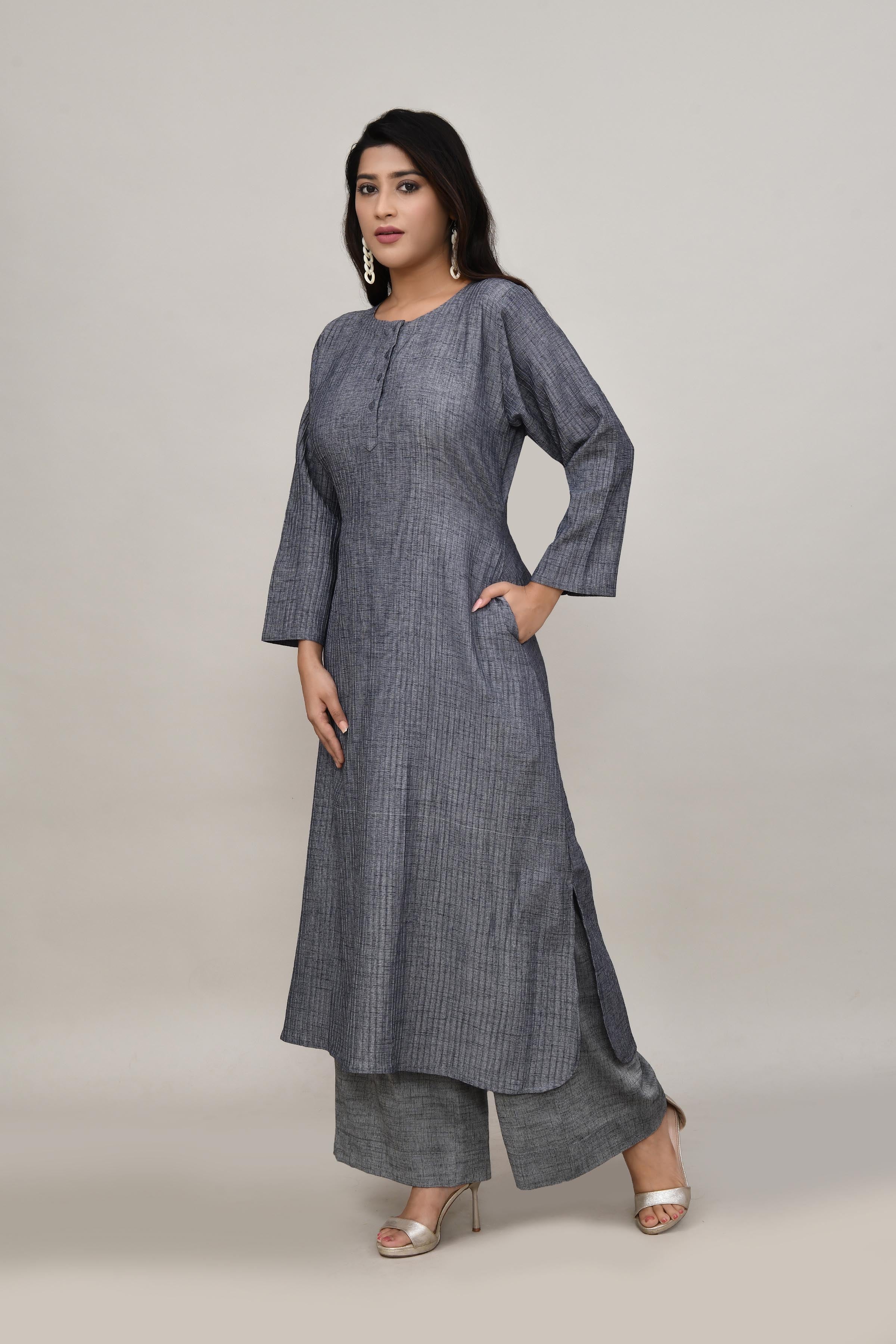 Sleek Metallic grey pintex cotton rounded long straight kurta with matching trousers