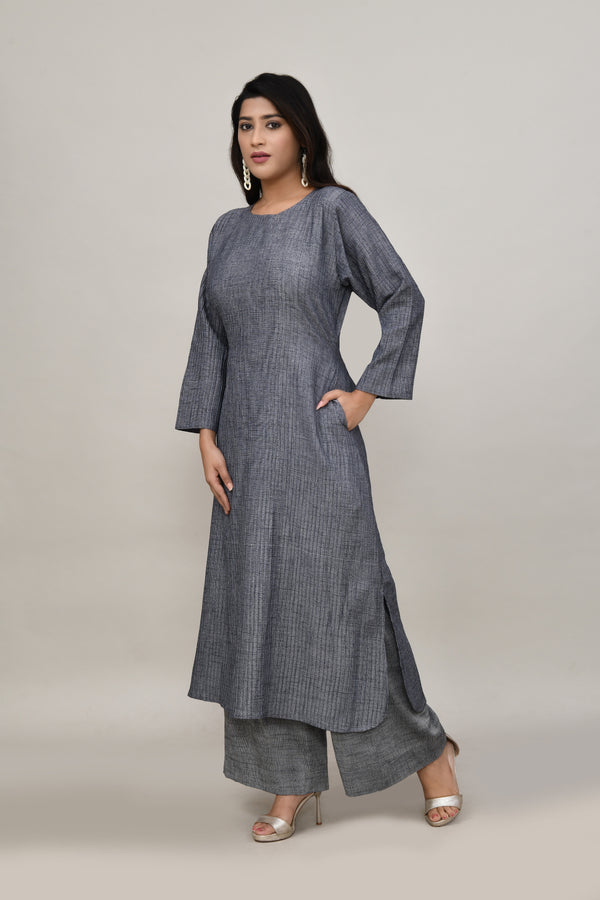 Sleek Metallic grey pintex cotton rounded long straight kurta with matching trousers