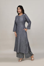 Sleek Metallic grey pintex cotton rounded long straight kurta with matching trousers