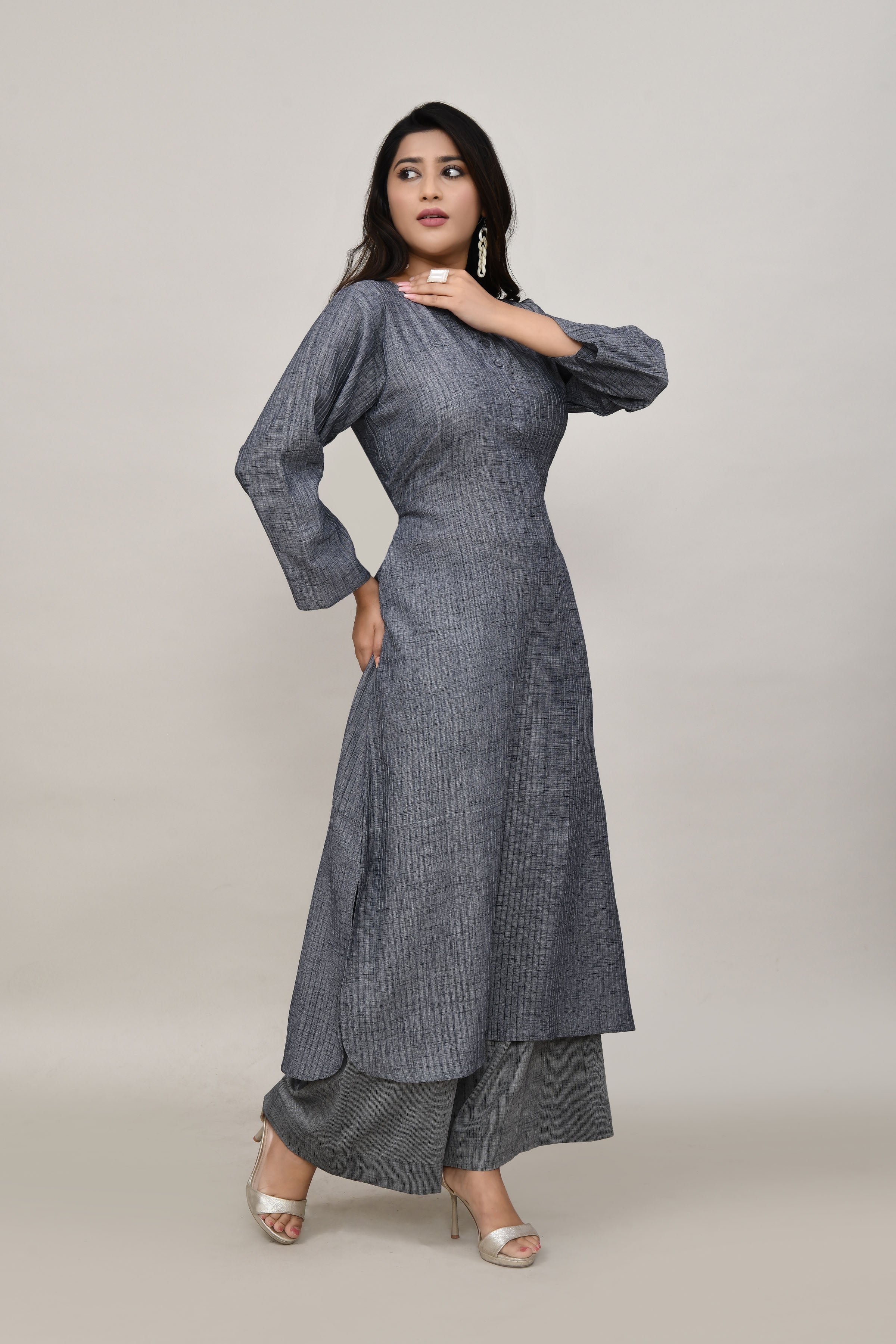 Sleek Metallic grey pintex cotton rounded long straight kurta with matching trousers