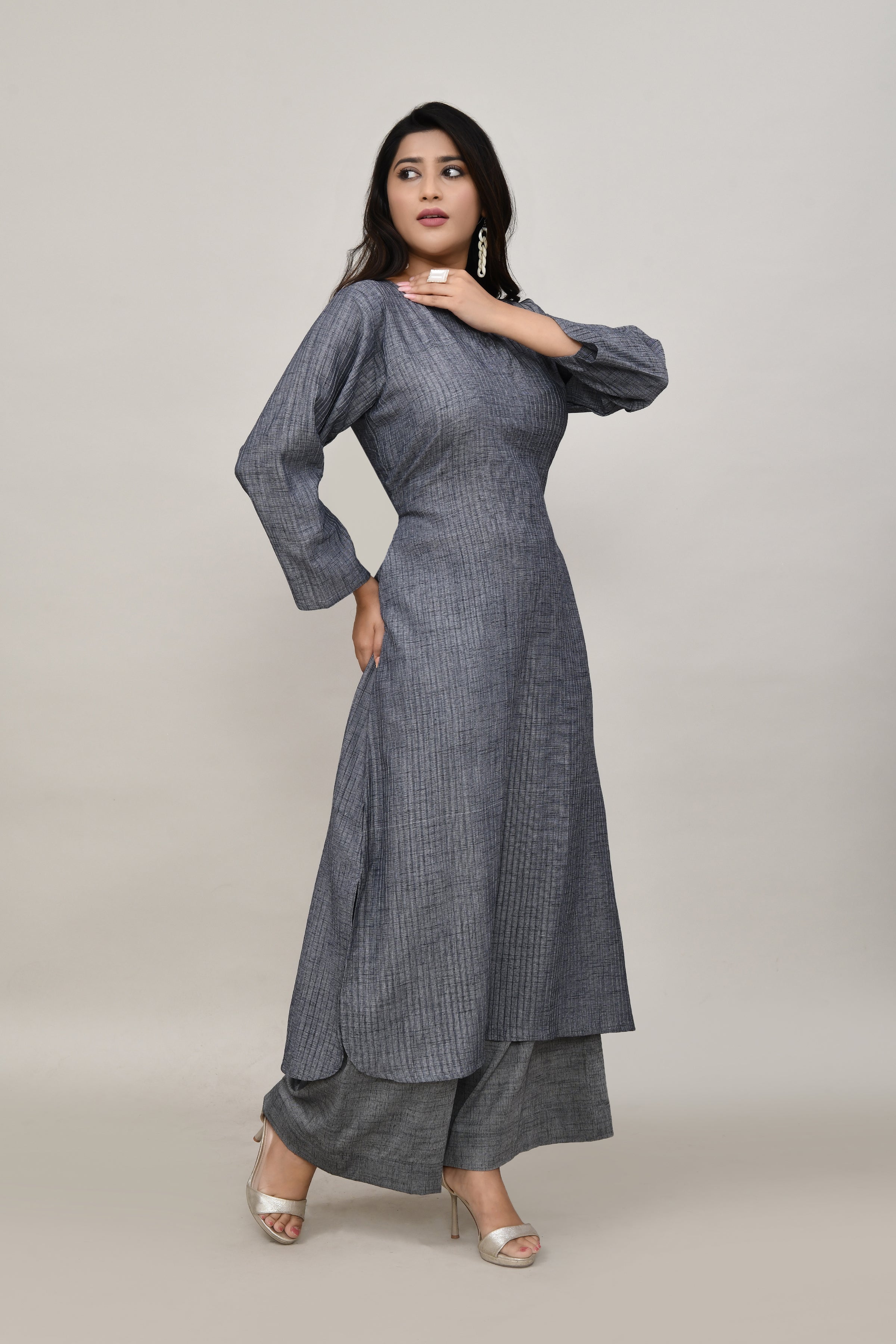 Sleek Metallic grey pintex cotton rounded long straight kurta with matching trousers