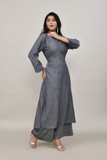 Sleek Metallic grey pintex cotton rounded long straight kurta with matching trousers