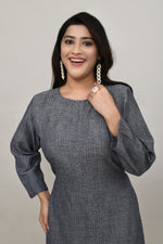 Sleek Metallic grey pintex cotton rounded long straight kurta with matching trousers