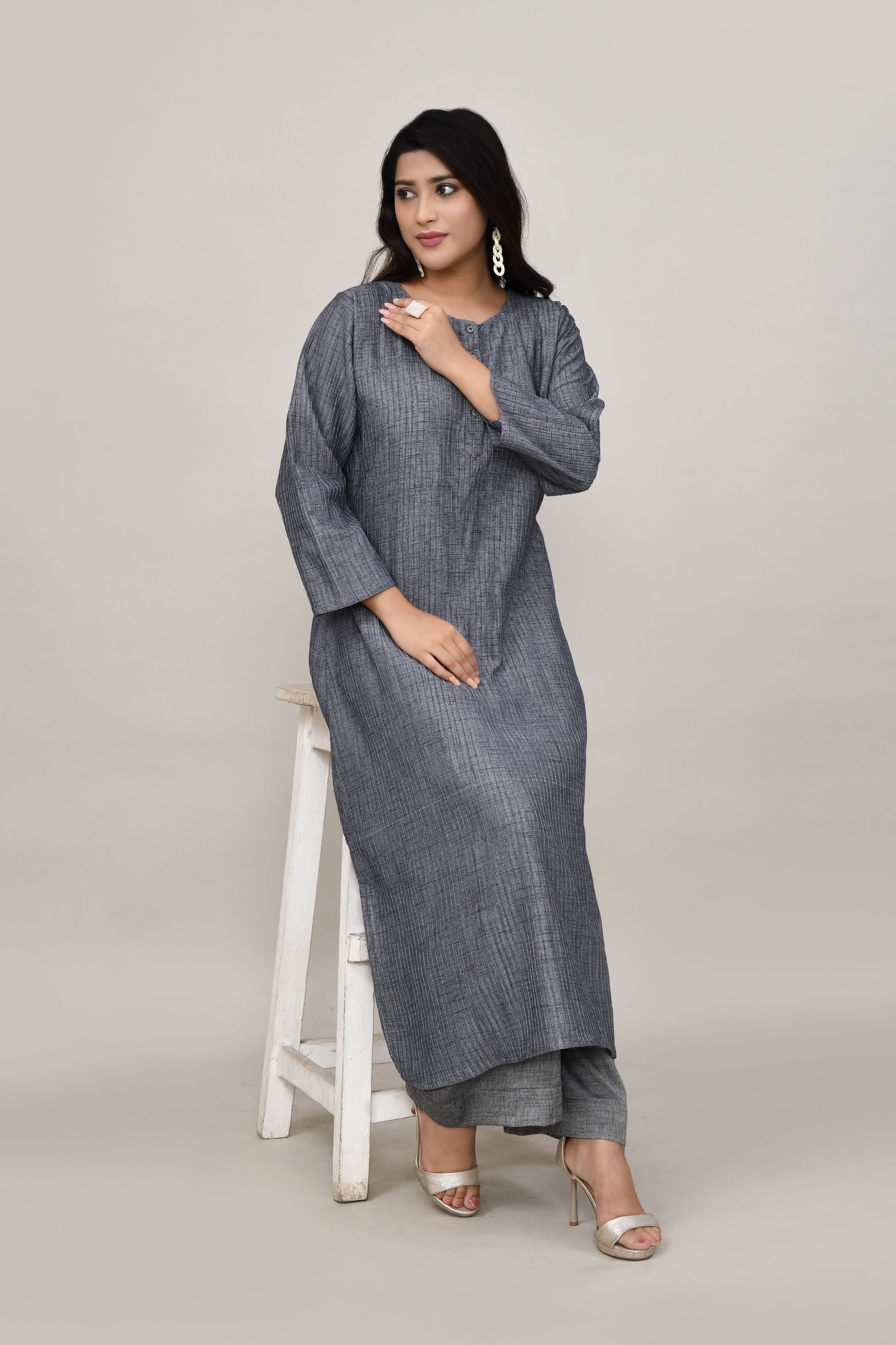 Sleek Metallic grey pintex cotton rounded long straight kurta with matching trousers
