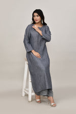 Sleek Metallic grey pintex cotton rounded long straight kurta with matching trousers