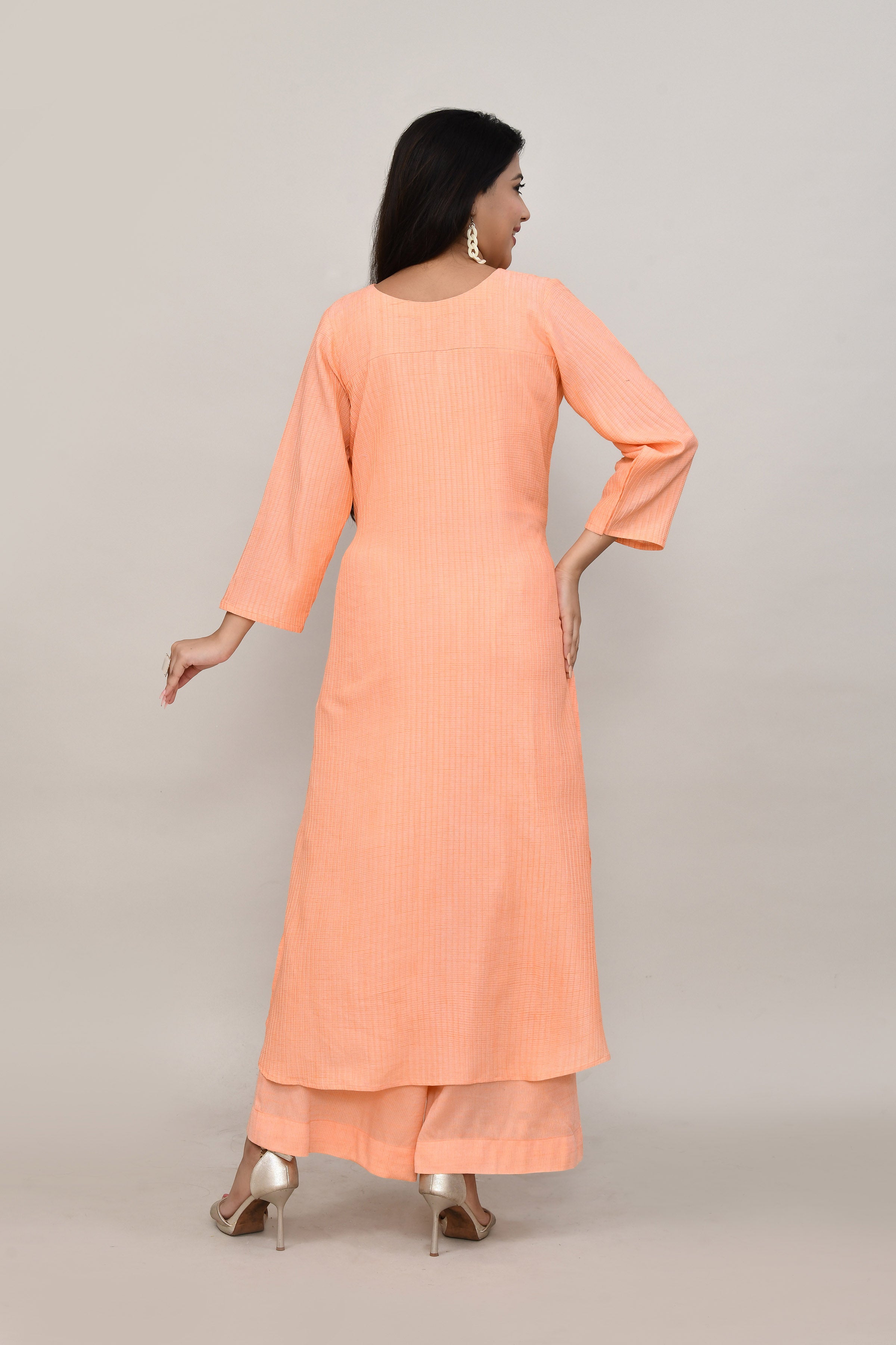 Peach pintex cotton U shaped long straight kurta with matching trousers