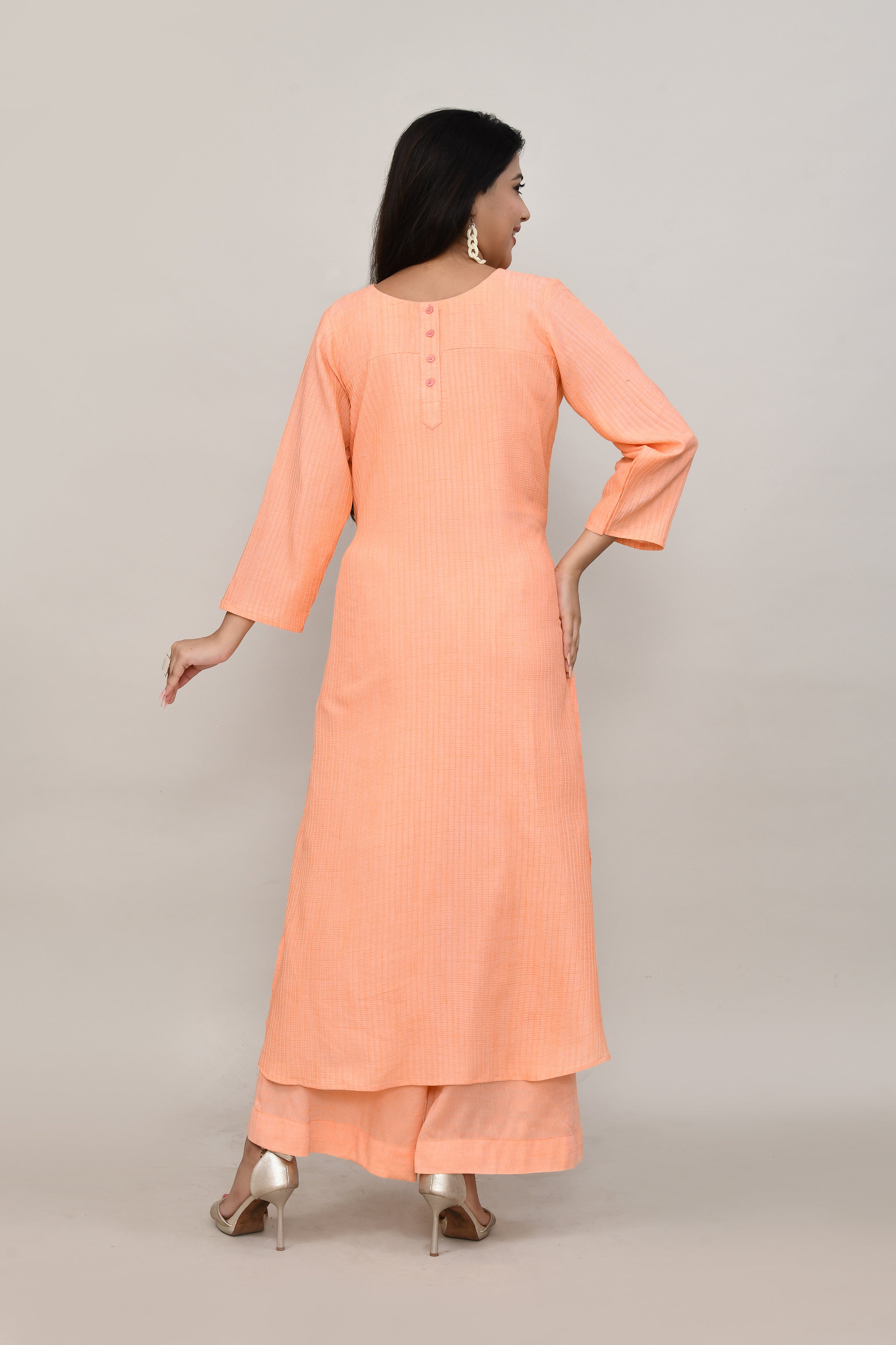 Peach pintex cotton U shaped long straight kurta with matching trousers