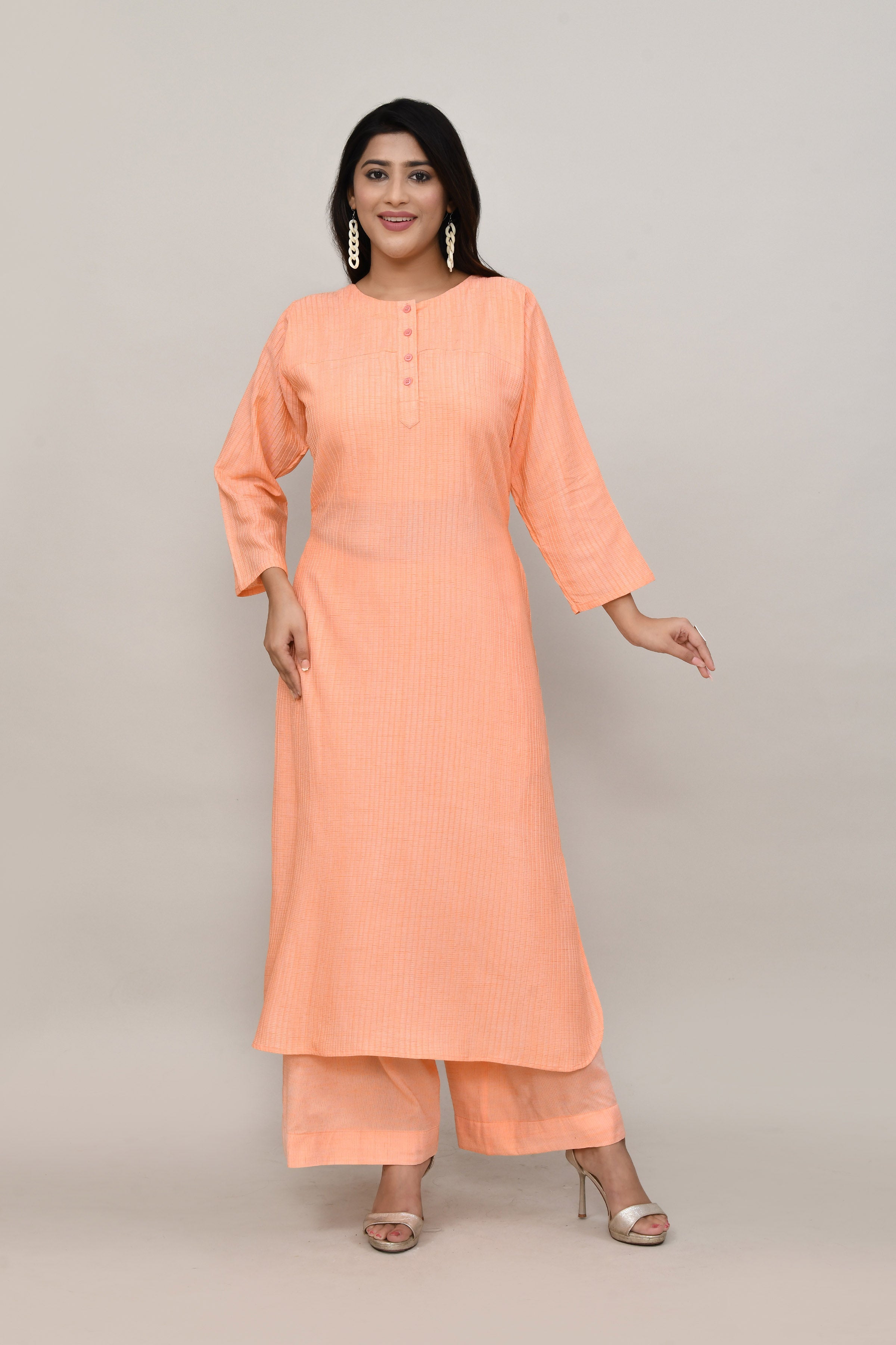 Peach pintex cotton U shaped long straight kurta with matching trousers