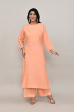 Peach pintex cotton U shaped long straight kurta with matching trousers