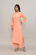 Peach pintex cotton U shaped long straight kurta with matching trousers