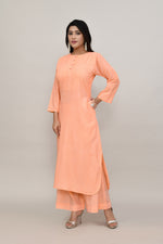 Peach pintex cotton U shaped long straight kurta with matching trousers