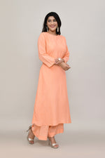 Peach pintex cotton U shaped long straight kurta with matching trousers