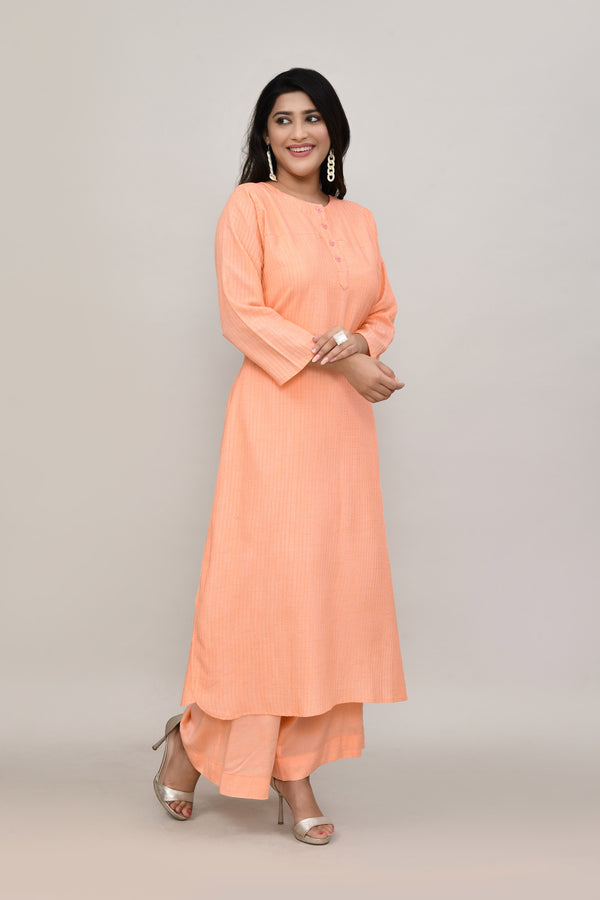 Peach pintex cotton U shaped long straight kurta with matching trousers