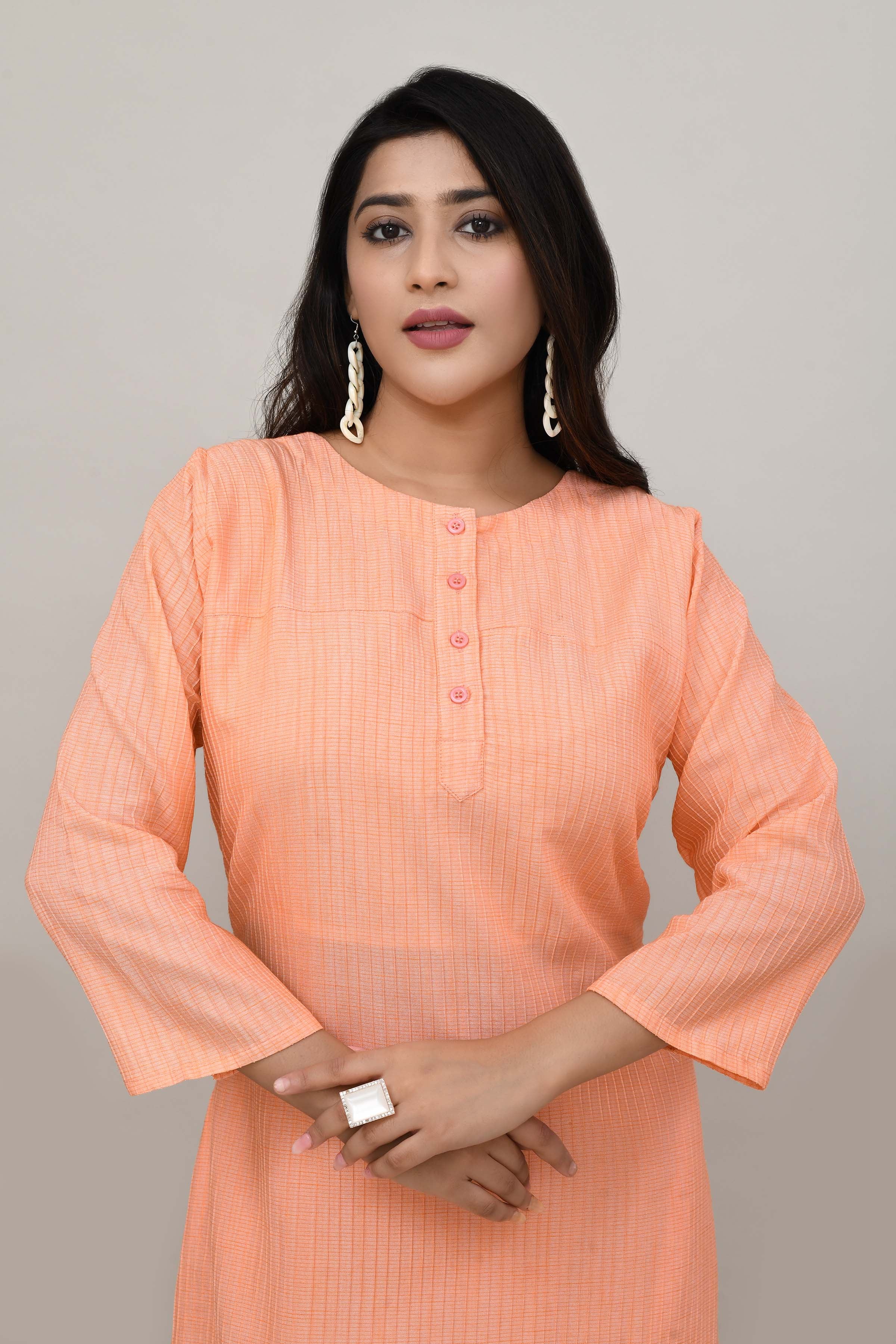 Peach pintex cotton U shaped long straight kurta with matching trousers