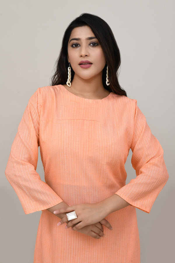 Peach pintex cotton U shaped long straight kurta with matching trousers