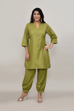Soothing Olive green cotton slub Co-ord set with pants in harem style