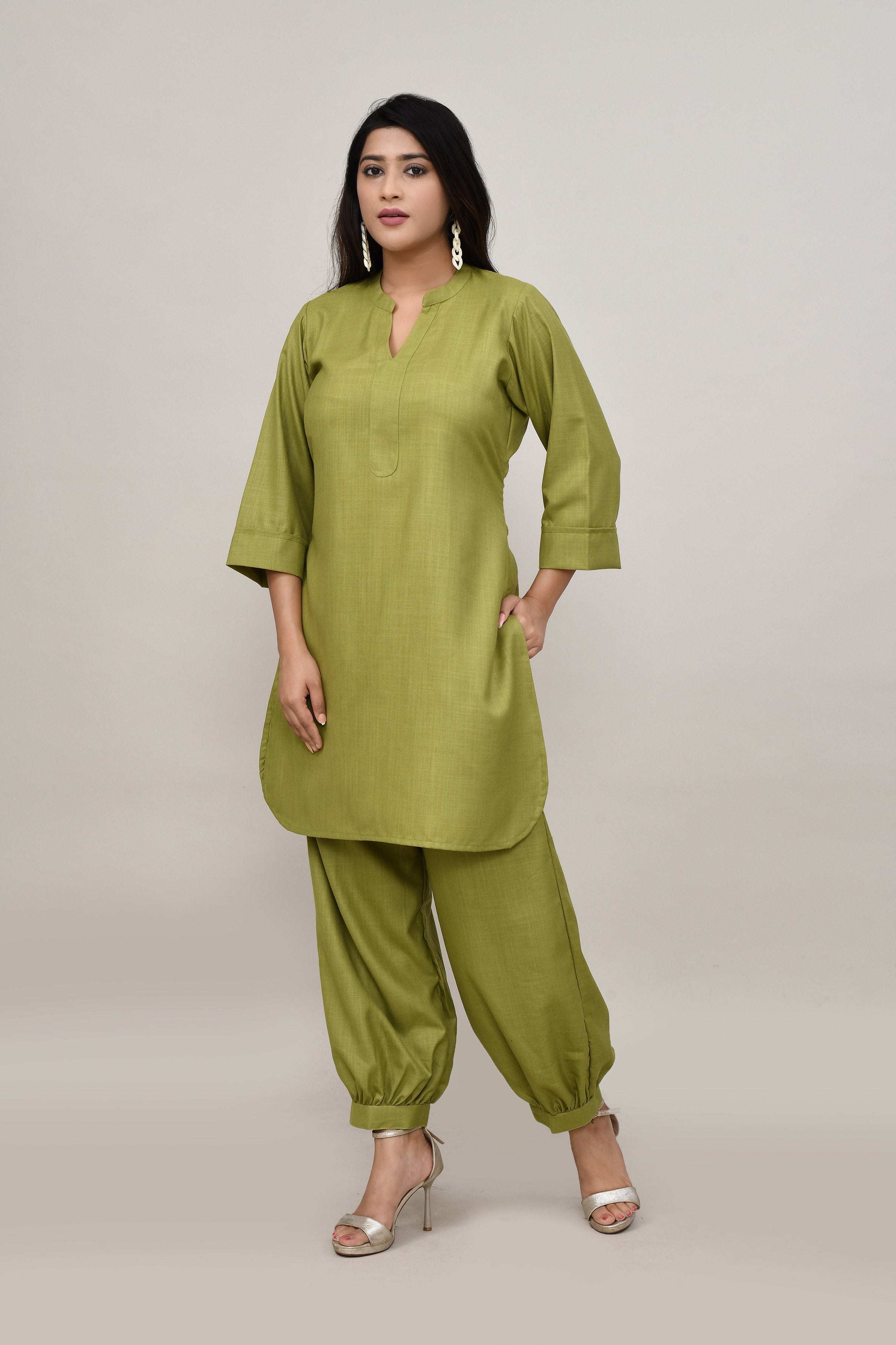 Soothing Olive green cotton slub Co-ord set with pants in harem style