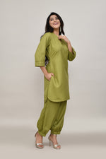 Soothing Olive green cotton slub Co-ord set with pants in harem style