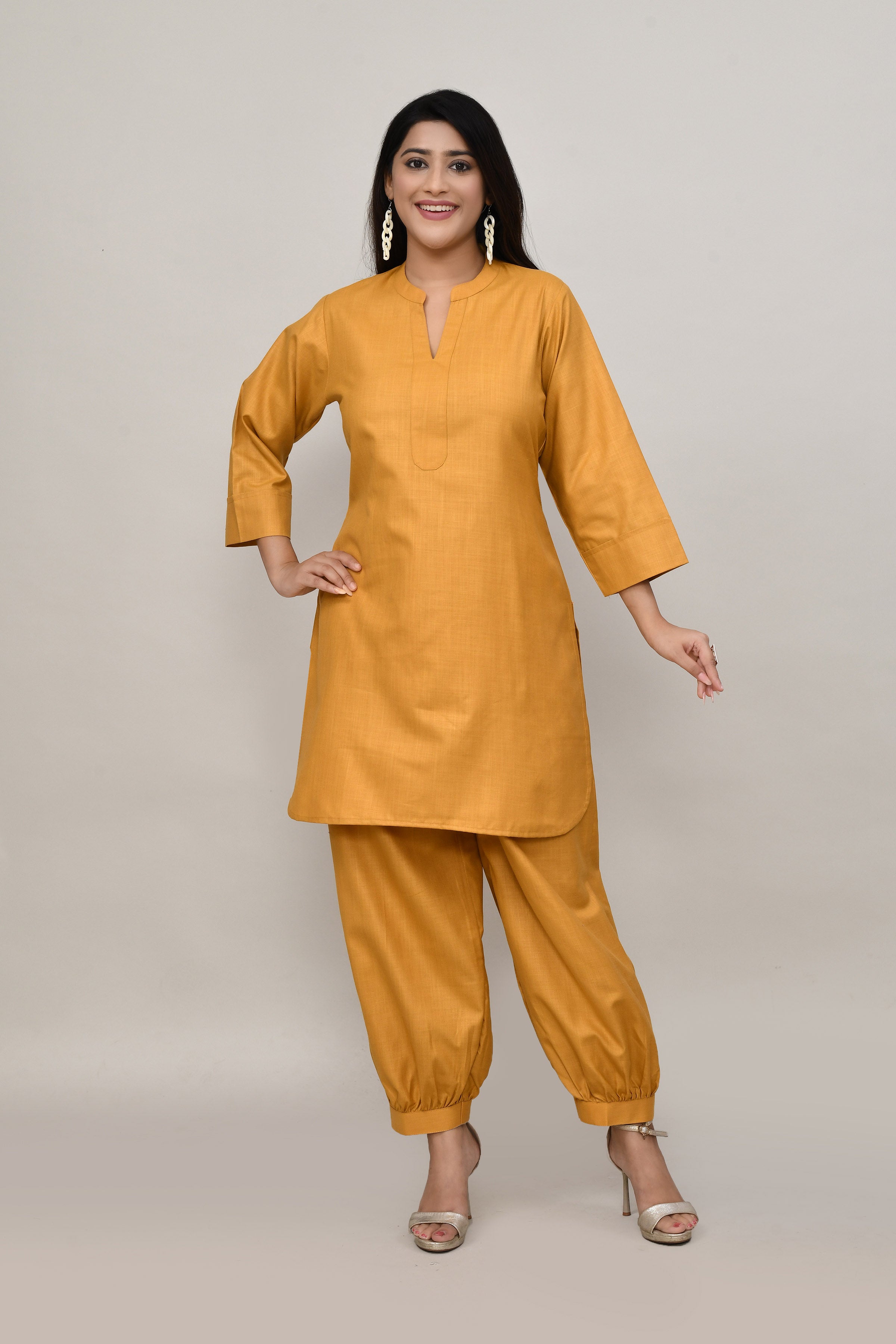 Earthy Mustard yellow cotton slub Co-ord set with pants in harem style