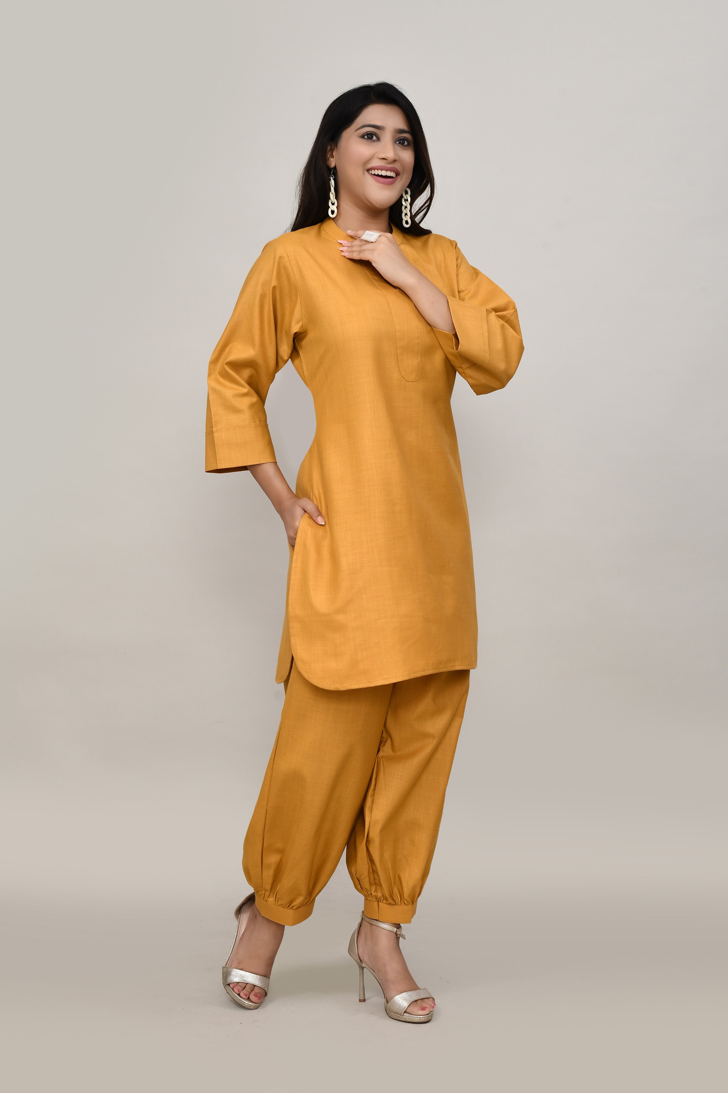 Earthy Mustard yellow cotton slub Co-ord set with pants in harem style