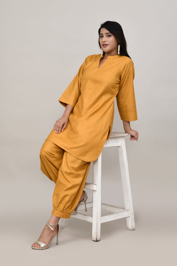 Earthy Mustard yellow cotton slub Co-ord set with pants in harem style