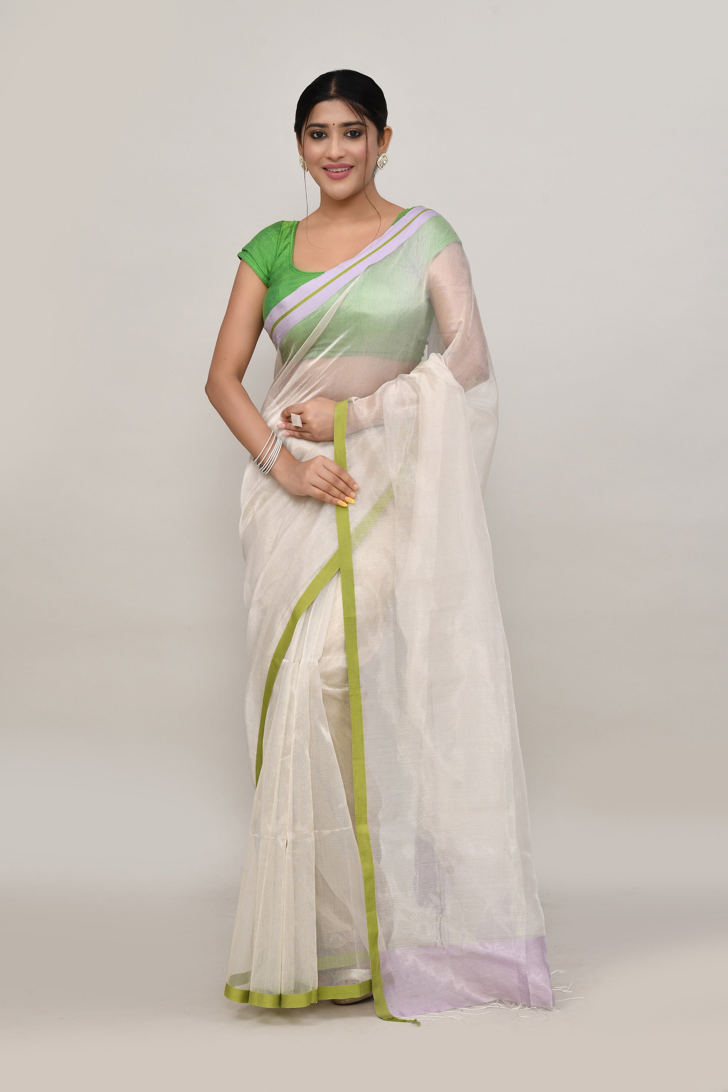 Lavender and green double border white body tissue saree-light shade