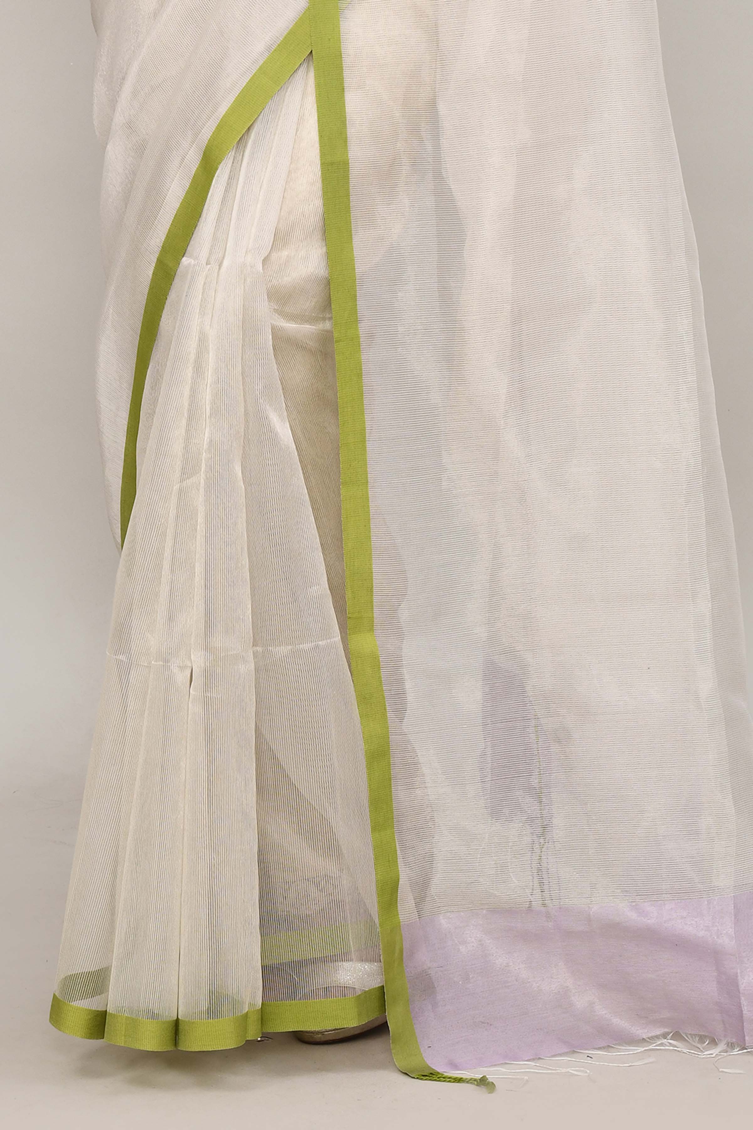 Lavender and green double border white body tissue saree-light shade