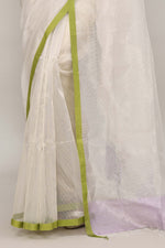 Lavender and green double border white body tissue saree-light shade
