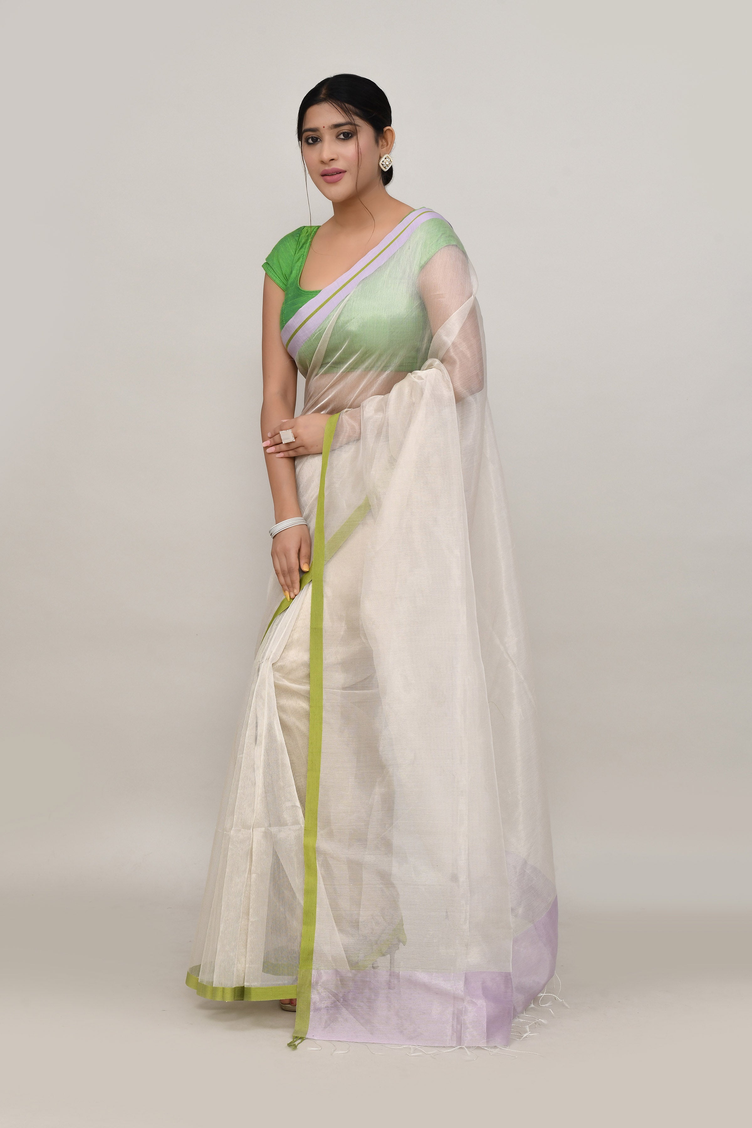 Lavender and green double border white body tissue saree-light shade