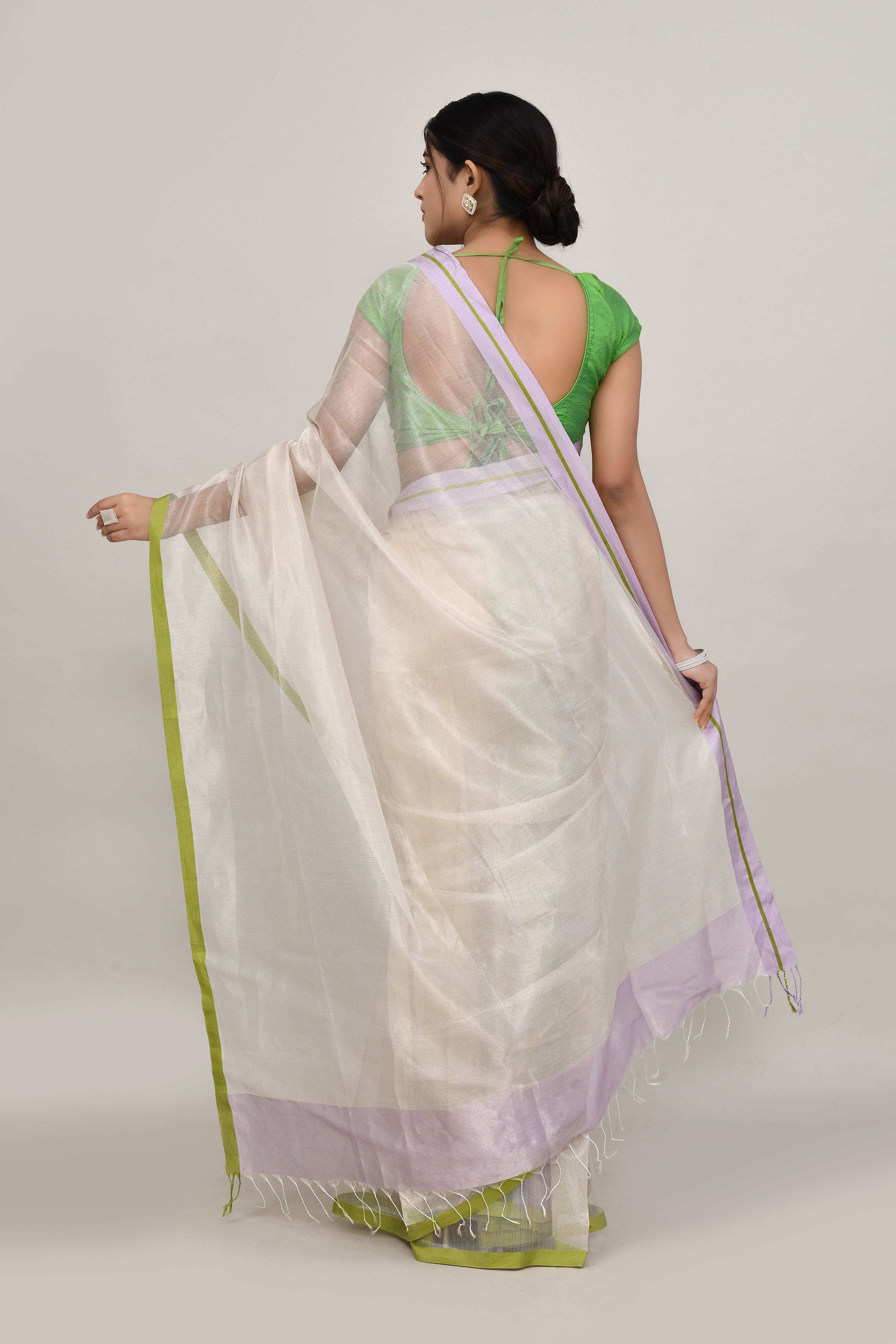Lavender and green double border white body tissue saree-light shade