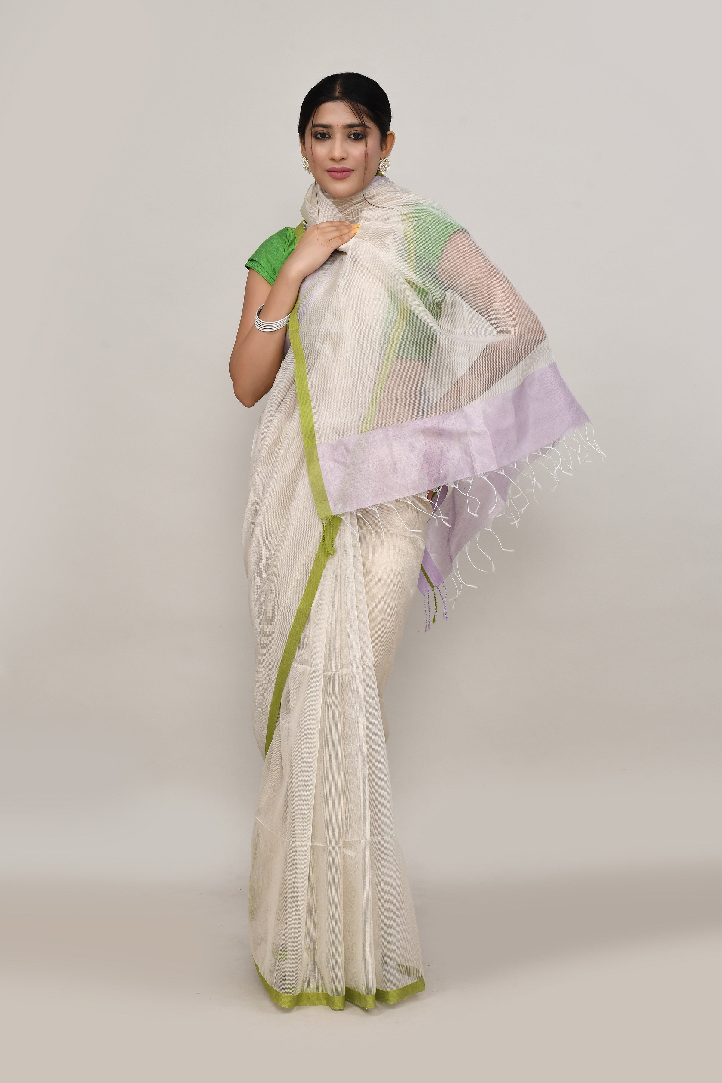 Lavender and green double border white body tissue saree-light shade