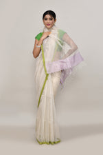 Lavender and green double border white body tissue saree-light shade