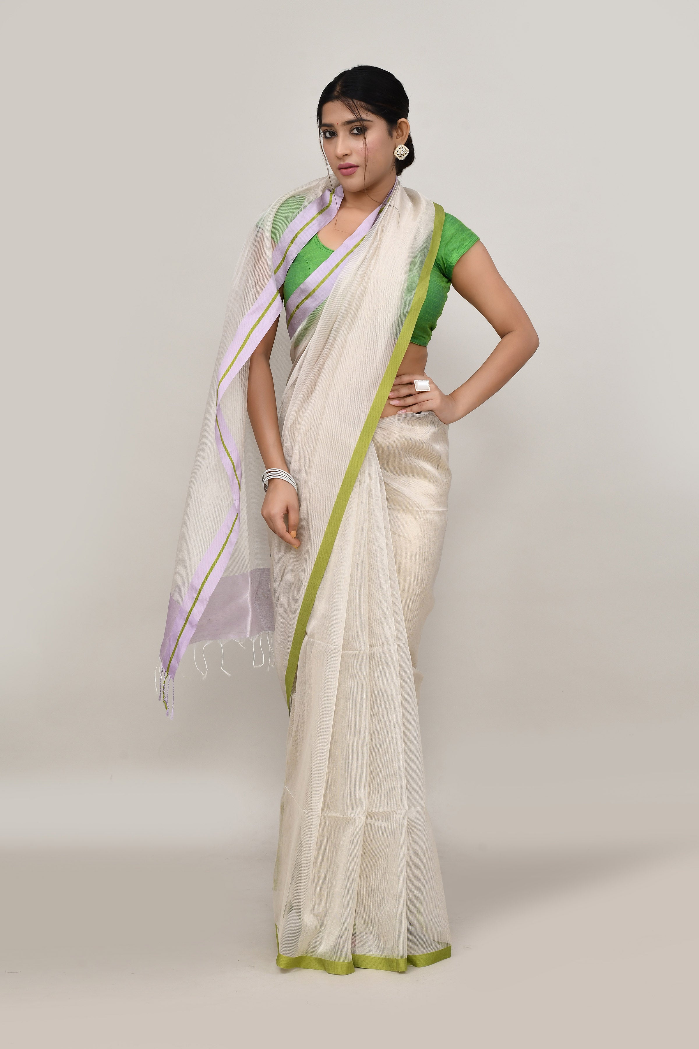 Lavender and green double border white body tissue saree-light shade