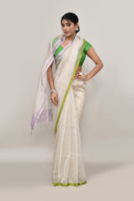 Lavender and green double border white body tissue saree-light shade