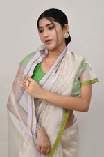 Lavender and green double border white body tissue saree-light shade