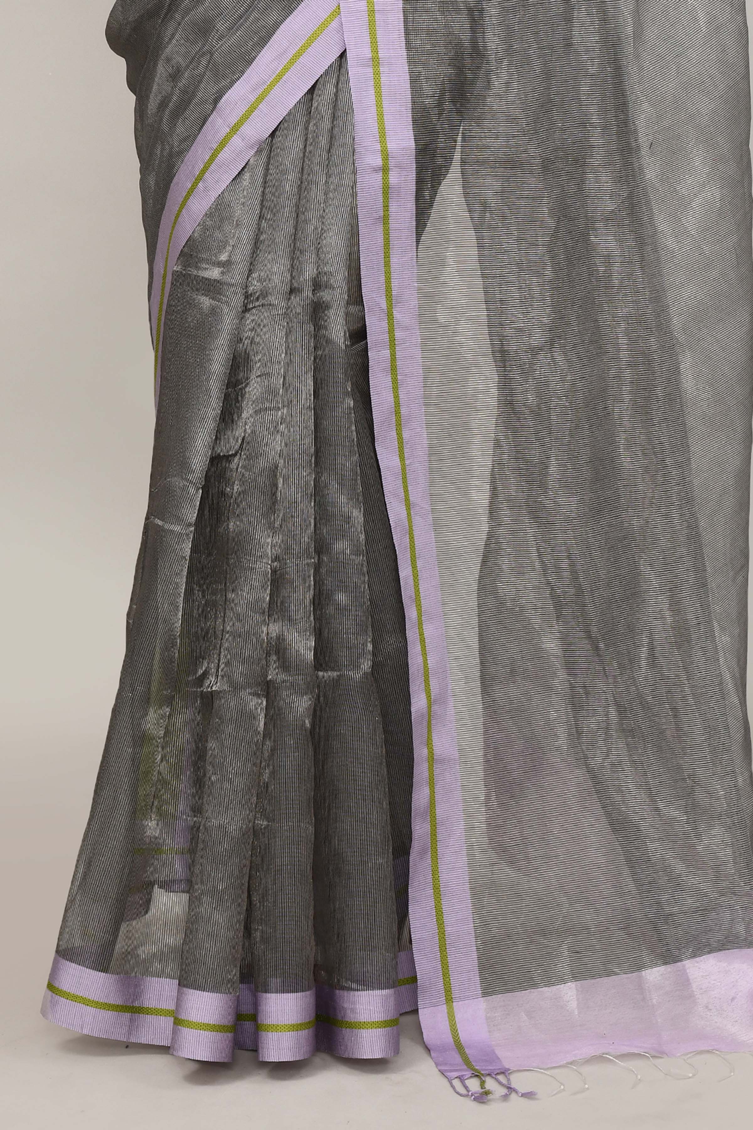 Lavender and green double border white body tissue saree-dark shade