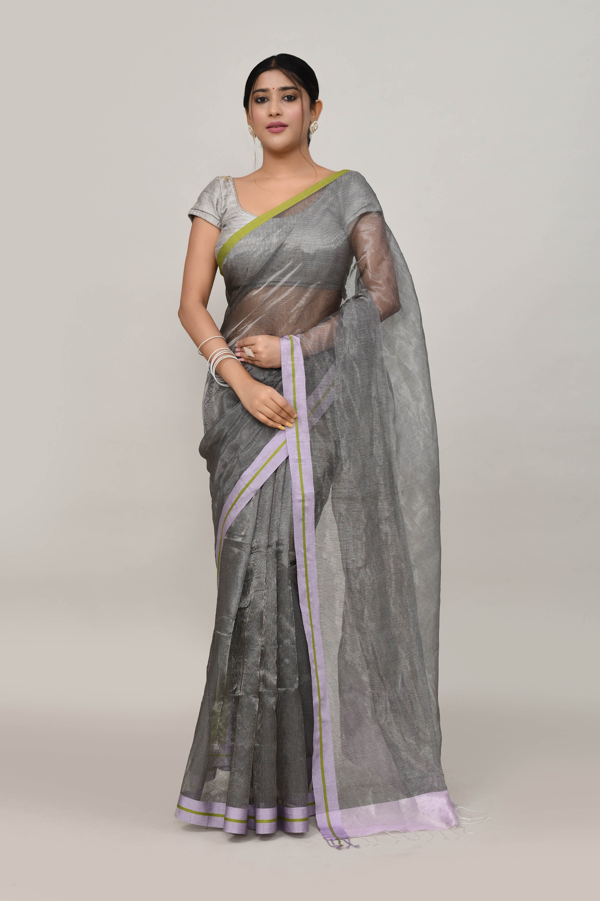 Lavender and green double border white body tissue saree-dark shade